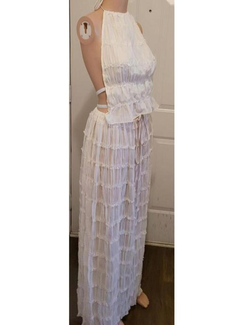 JEAAMKSSER Women’s Sexy Fashion Beige 2-Piece Maxi Skirt  Crop Top Set Size S